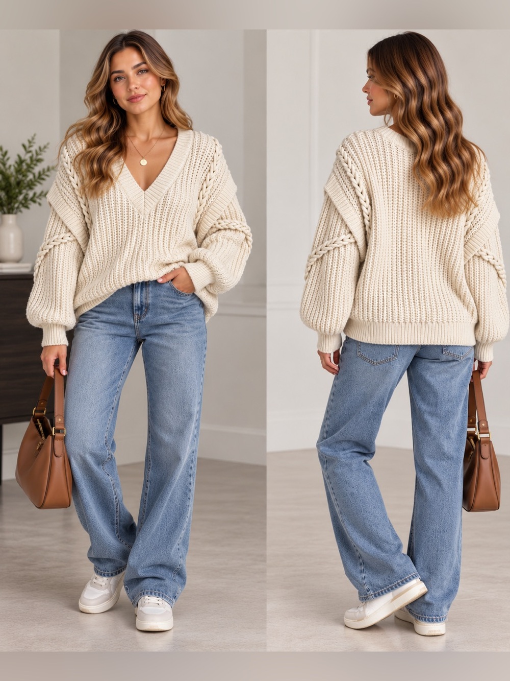 b.young chunky Cable Sleeve Sweater Cream Medium